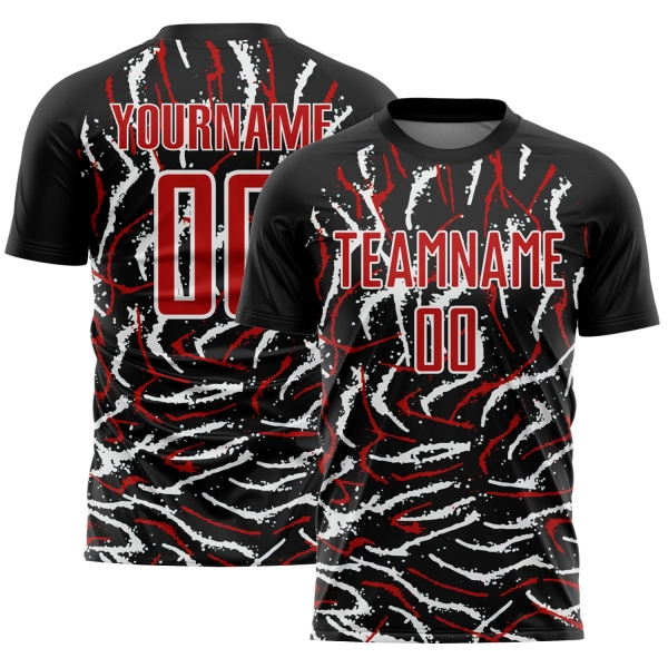 Custom Uniform Curved Soccer Jersey Wavy Red-White Sublimation And Black Lines